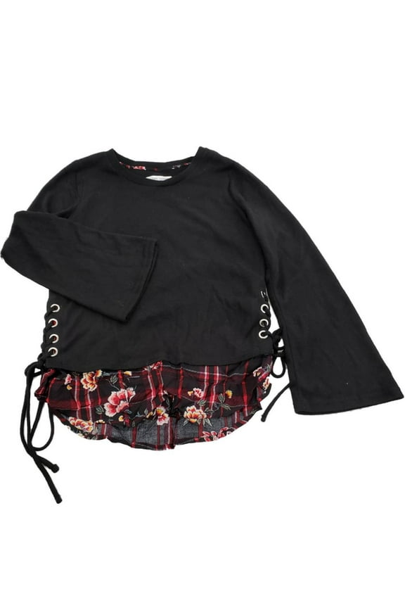Womens Black Layered Look Lace-Up Side Plaid Floral Long Sleeve Sweater Top S