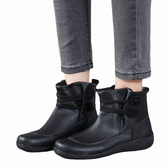 Womens Black Leather Ankle Boots Comfortable Wide Toe Orthopedic Arch Support Walking Combat Work Booties Black Size 6