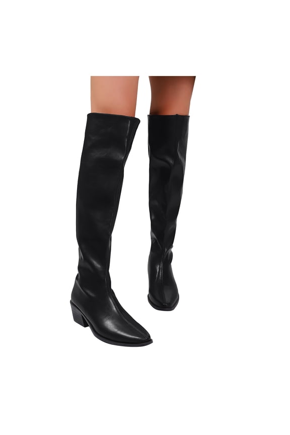 Womens Black Leather Over The Knee Boots Chunky Heel Fashion Pointed Toe Wide Calf Long Riding Booties