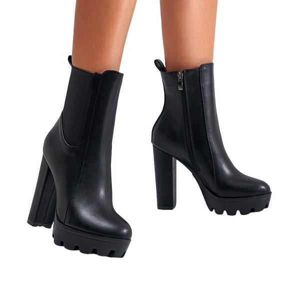 Womens Black Leather Platform Chunky High Heel Chelsea Boots Side Zipper Stretchy Mid Calf Dress Ankle Booties