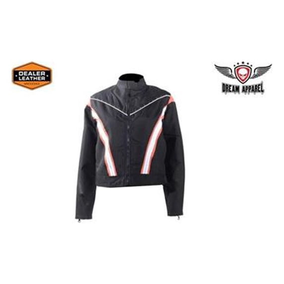 Womens Black Lightweight Racer Style Textile Jacket with Orange Stripes & White Studs - 4XL