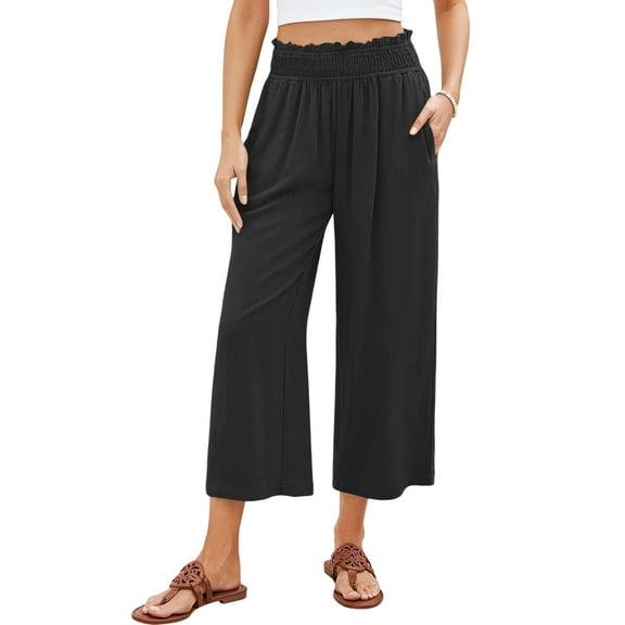 Womens Black Linen Capri Pants High Waist Wide Leg Stretch Cropped Pants Elastic Lightweight Comfy Baggy Pants with Pockets XL