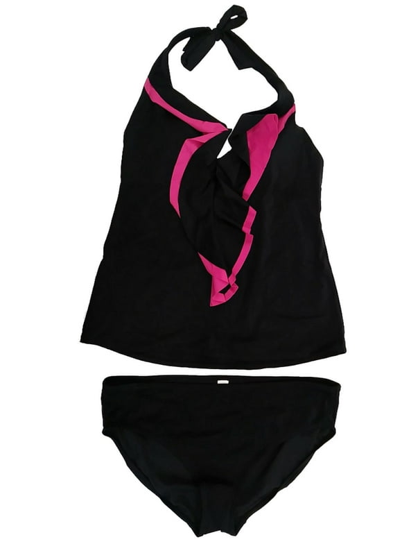 Womens Black Magenta Ruffle 2 Piece Swimming Suit Hot Pink Tankini Set