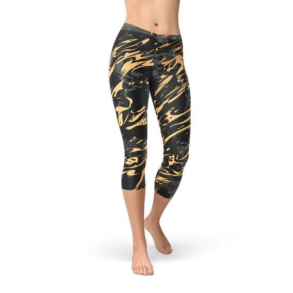 Womens Black Marble w/ Gold Splash Capri Leggings 