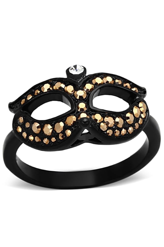 Womens Black Mask Ring Anillo Para Mujer 316L Stainless Steel Ring with Top Grade Crystal in Metallic Light Gold Aquino