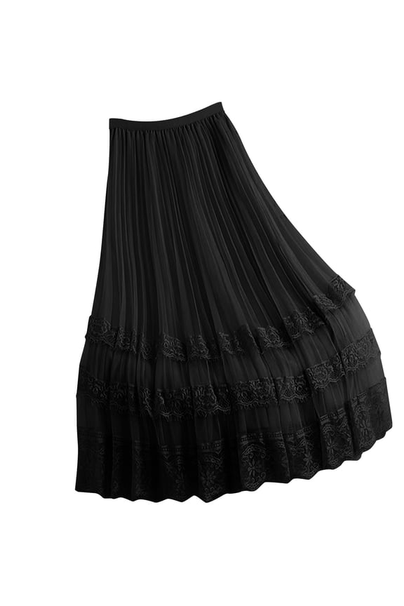 Womens Black Mesh Maxi Skirt High Waisted Tiered with Lace Trim Boho Wedding Guest Flowy Ruffle Skirt Romantic Evening Party,Size Free Size