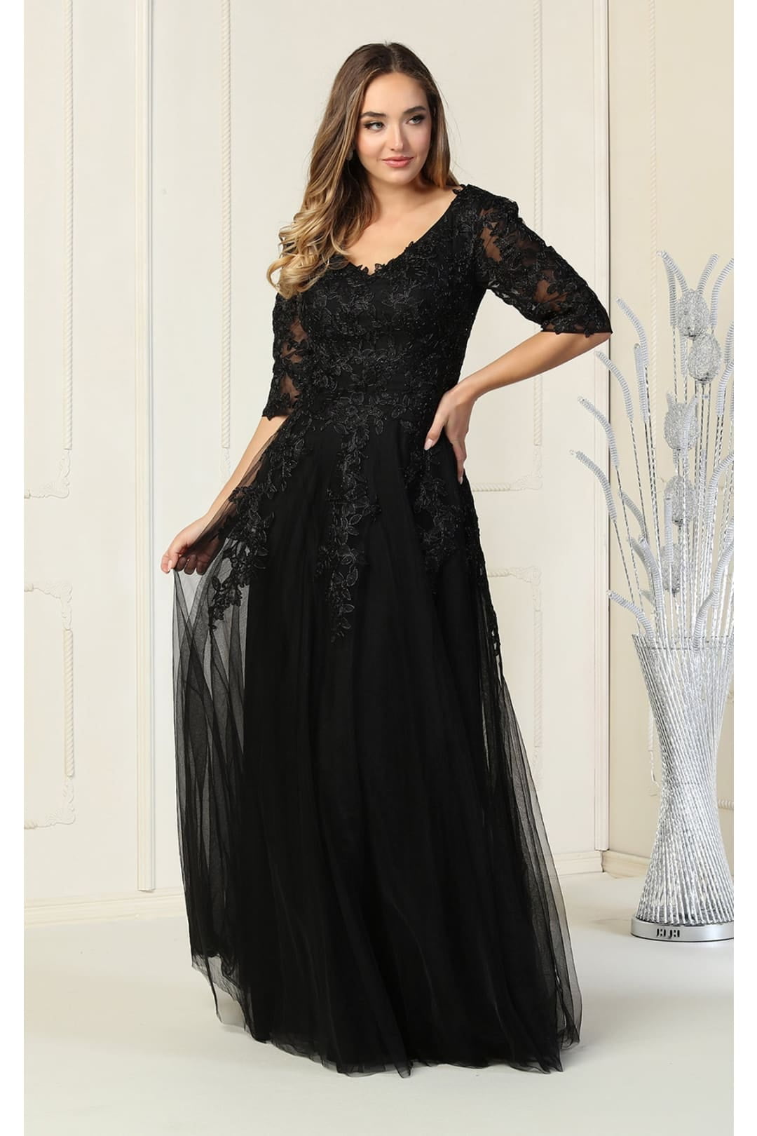 slim fit dress slacks Elegant Black Lace Long Sleeve Mother of Bride Dress