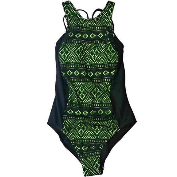 Womens Black & Neon Green Eyelet Crochet One Piece Criss-Cross Swimming Suit