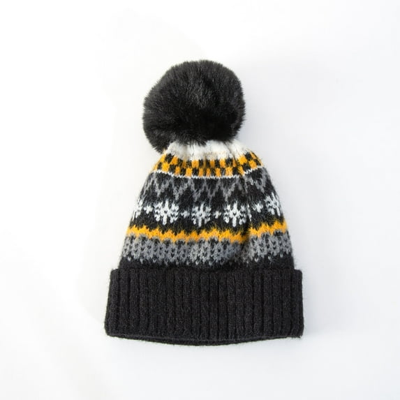Womens Black Noridc Print Knit Hat with Pom Accent by Howard's