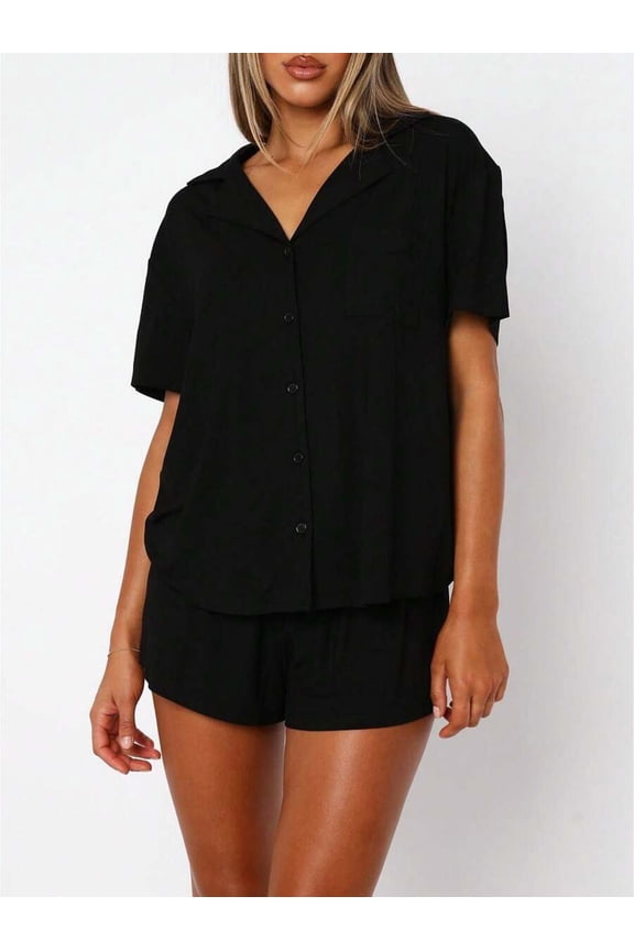 Womens Black Notch Collar Button-Front Loungewear Set - Soft Knit Short Pajama Set with Drawstring Waist
