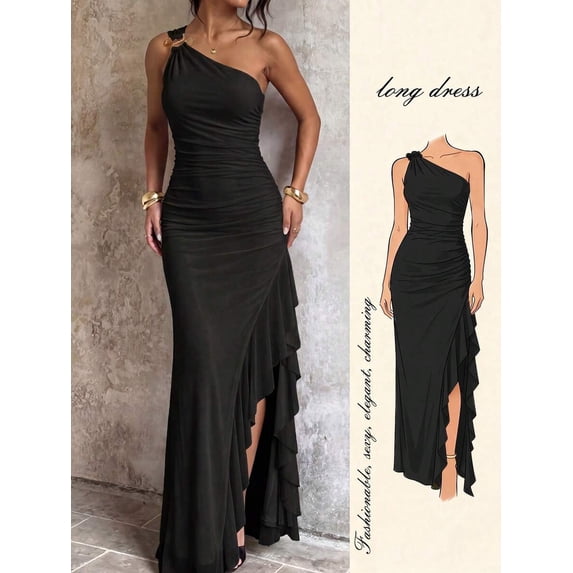 Womens Black One Shoulder Long Dress, Asymmetric Ruffle Hem With High Slit