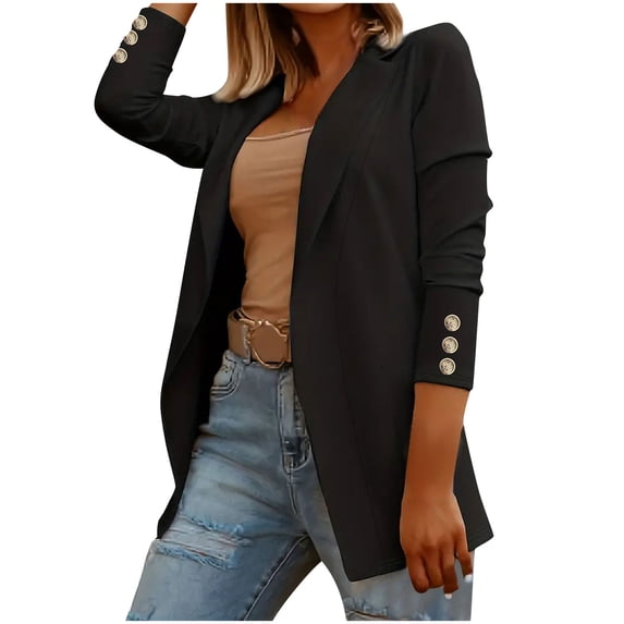 Womens Black Open Front Blazer, Long Sleeve Ruched Elbow Stretch Business Casual Mid Length Blazer with Gold Buttons,Size L