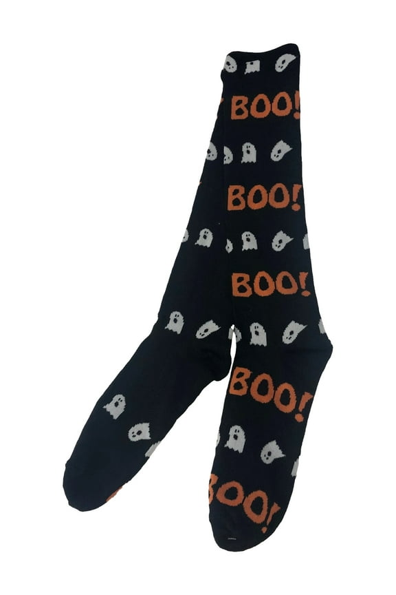 Womens Black & Orange Boo Ghost Print Knee High Halloween Socks