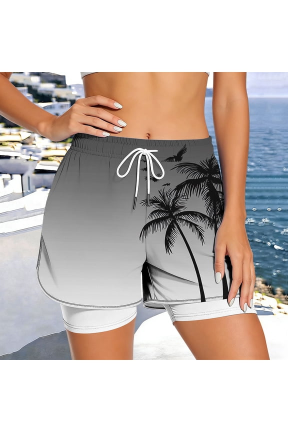 Womens Black Palm Tree Print 2 In 1 High Waist Quick Dry Anti Chafing Compression Liner Athletic Workout Running Shorts,Size S