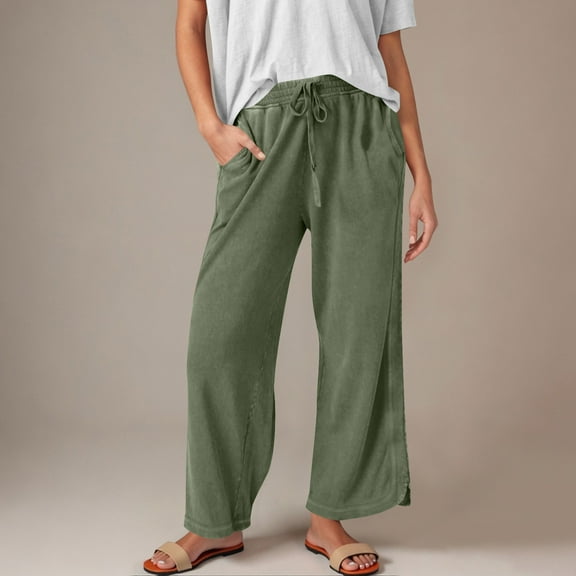 Womens Black Pants, Women'S Solid Color Baggy Wide-Leg Pants Casual Elastic-Waistband Pocket Pants Women High Waisted Pants (Olive Green,S)