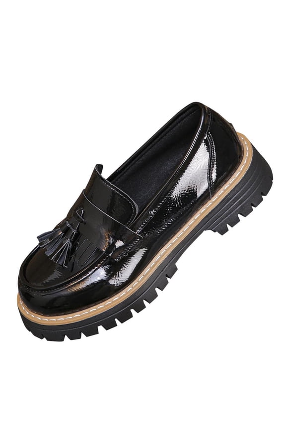 Womens Black Patent Faux Leather Platform Loafers with Tassel, Chunky Slip On Shoes, Comfortable Anti-Slip Sole,Size 5.5