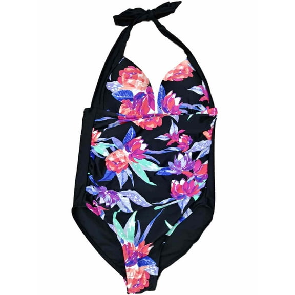 Womens Black Pink Blue Peach Floral Flower One Piece Halter Tie Swimming Suit
