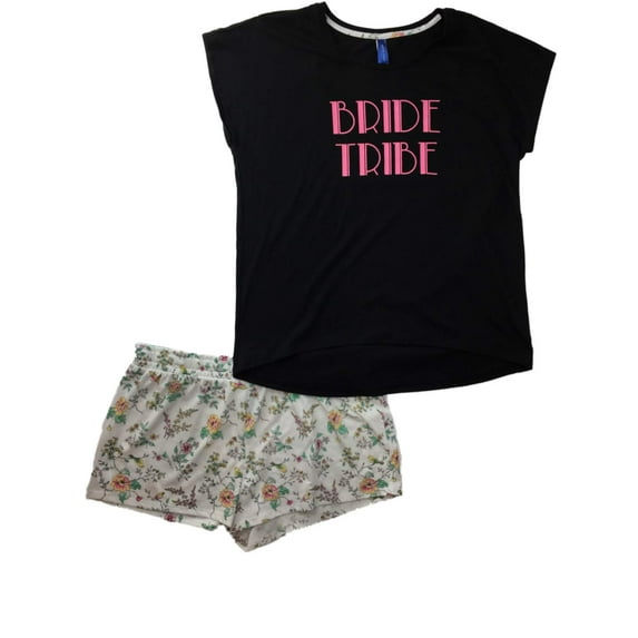 Womens Black & Pink Bride Tribe Floral Shorts Pajamas Flower Pant Sleep Set