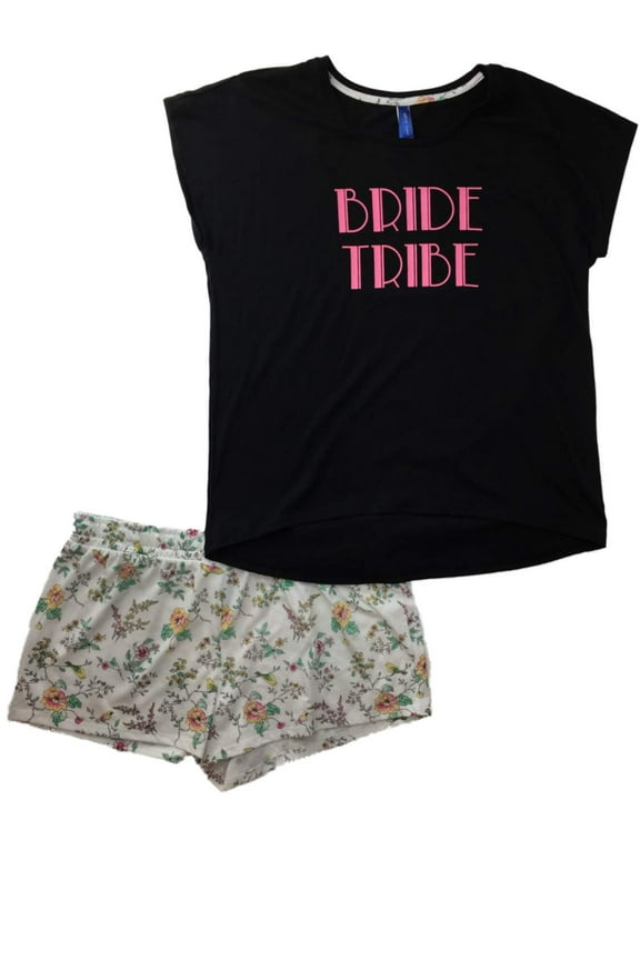 Womens Black & Pink Bride Tribe Floral Shorts Pajamas Flower Pant Sleep Set