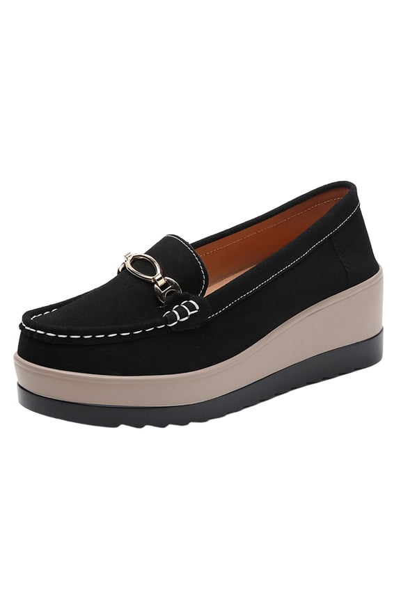 Womens Black Platform Loafers Slip On Shoes Comfort Wedge Heel Work Casual Padded Insole Arch Support Horsebit Detail,Size 9