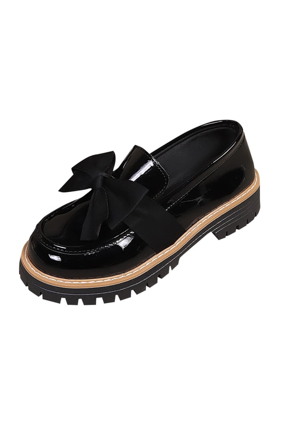 Womens Black Platform Loafers Slip On Shoes with Bow Detail Chunky Sole Glossy Vegan Faux Leather Casual Flat,Size 7