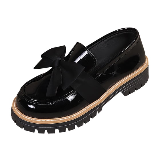 Womens Black Platform Loafers Slip On Shoes with Bow Detail Chunky Sole Glossy Vegan Faux Leather Casual Flat,Size 9