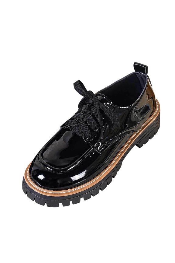Womens Black Platform Shoes Chunky Derby Patent Faux Leather Look Lace Up Oxfords Everyday Comfort 1.57 Inch Y2K Retro,Size 9