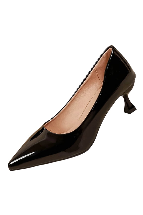 Womens Black Pointed Toe Pumps Chunky Block Heels 2.5 Inch Comfortable Work Heels Office Wedding Dress Shoes Synthetic Glossy,Size 9