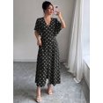 thumbnail image 1 of Womens Black Polka Dot A-Line Maxi Dress V-Neck Button Front Flutter Sleeve, 1 of 6