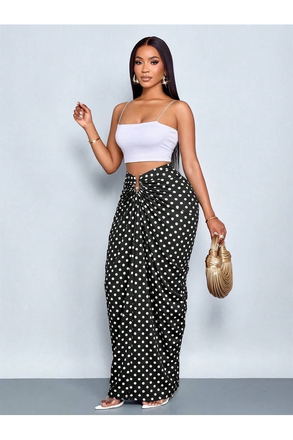Womens Black Polka Dot Ruched Wrap Maxi Skirt With Gathered Waist
