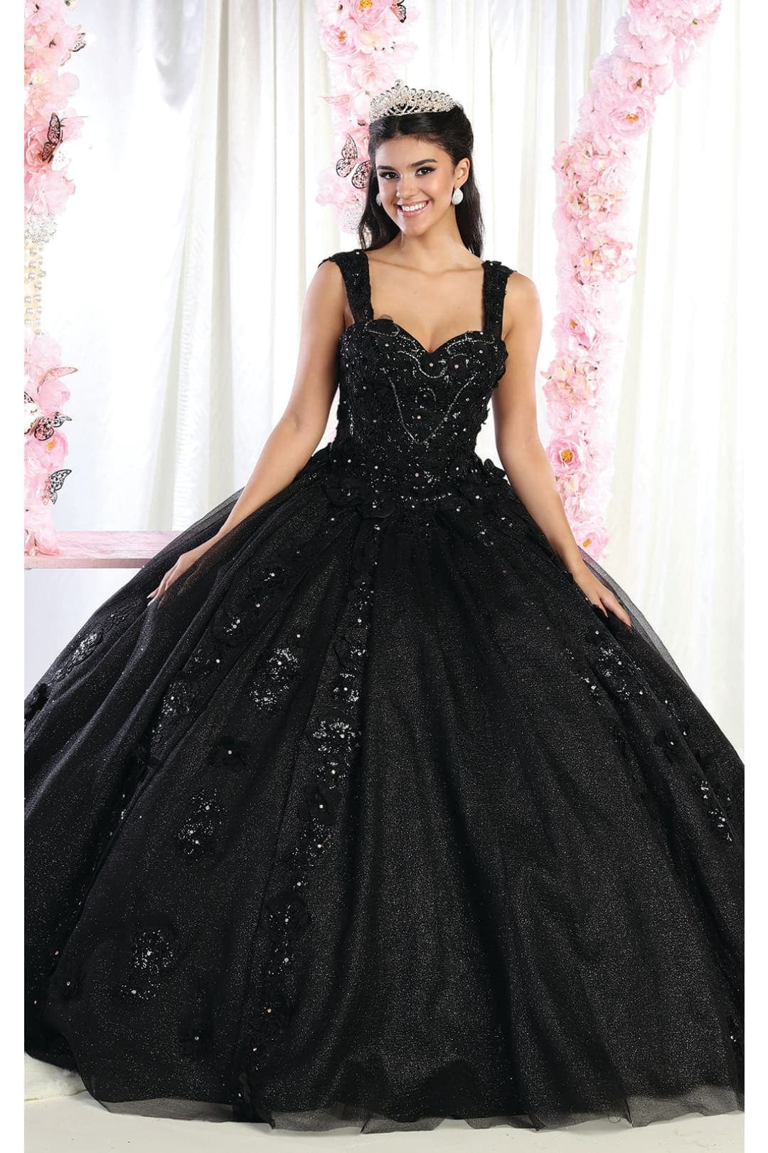 open lace back dress Glitter Off The Shoulder Ball Gown Black Gothic Sweet 16 Dress main image 1