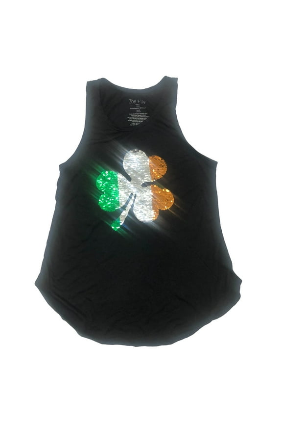 Womens Black Racerback Flip Sequin St Patrick's Day Shamrock Tank Top Small