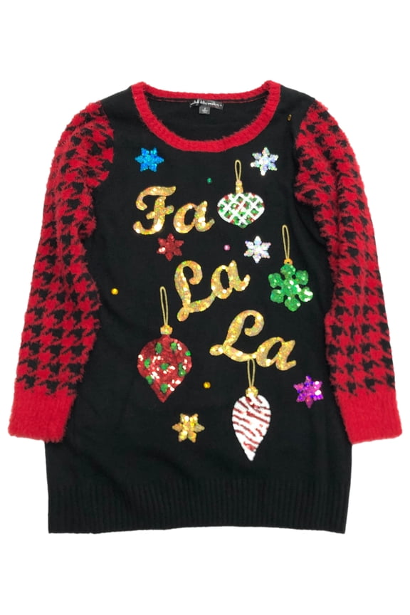 Womens Black & Red Sequin Embellished Fa La La Long Tunic Holiday Sweater XXL