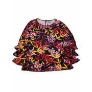 DAISY FUENTES Womens Black Red Yellow Purple Leaves Print Ruffled Sleeve Shirt Top Blouse L