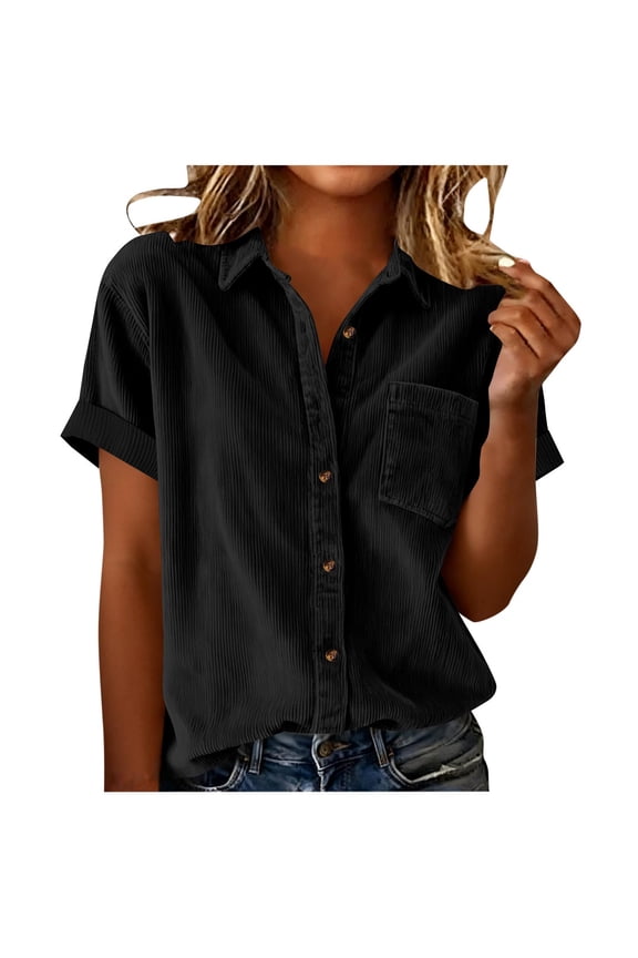 Womens Black Ribbed Button Up Shirt, Short Sleeve Relaxed Fit Blouse with Pocket for Casual & Office,Size S