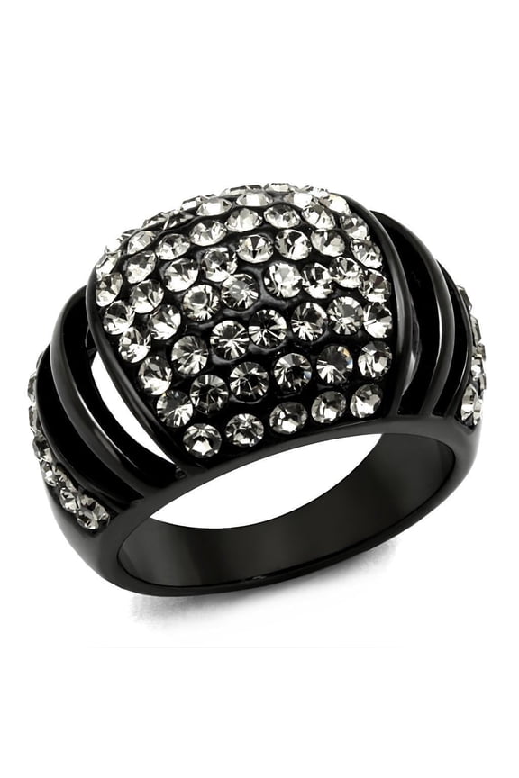 Womens Black Ring Anillo Para Mujer 316L Stainless Steel Ring with Top Grade Crystal in Hematite Fahari