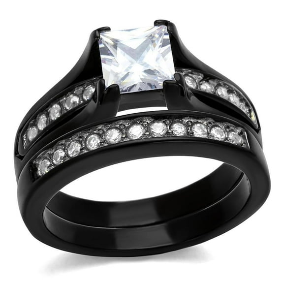 Womens Black Ring Anillo Para Mujer Stainless Steel Ring with AAA Grade CZ in Clear Aurunca