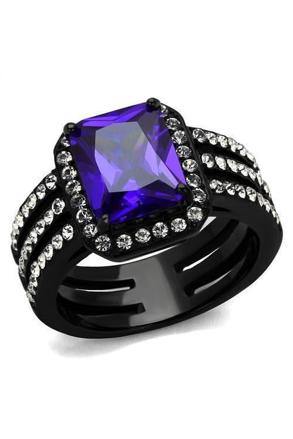 Womens Black Ring Anillo Para Mujer Stainless Steel Ring with AAA Grade CZ in Tanzanite Caprina