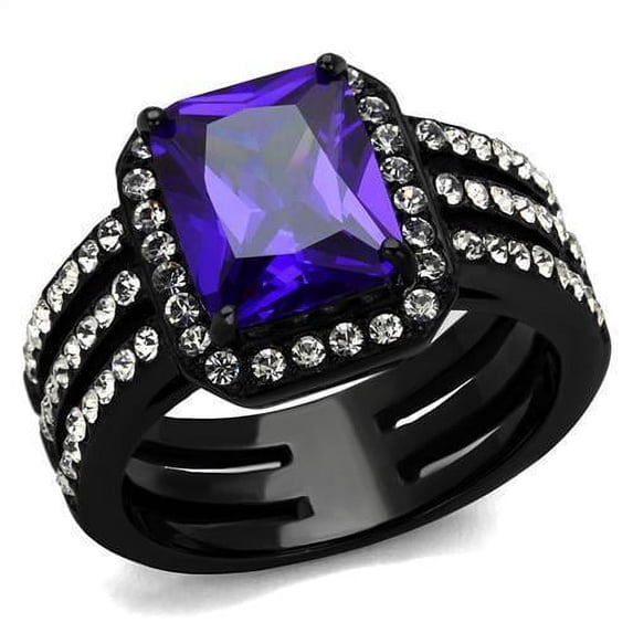 Womens Black Ring Anillo Para Mujer Stainless Steel Ring with AAA Grade CZ in Tanzanite Caprina