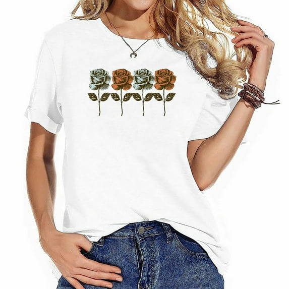 Womens Black Roses Aesthetic Clothing Soft Grunge Clothes Goth Punk T Shirts White 3XL