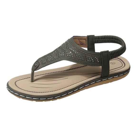 Womens Black Sandals Large Size Thong Rhinestone Flat Sandals Elastic Strap Casual Sandals Green 42