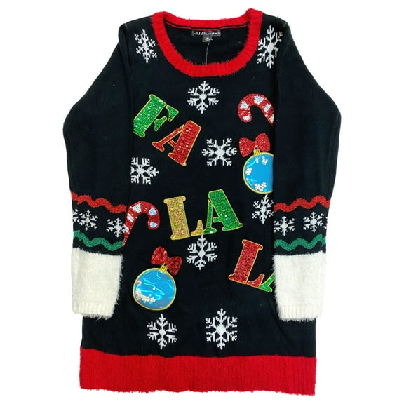 Womens Black Sequin Embellished Fa La La Christmas Holiday Sweater Large