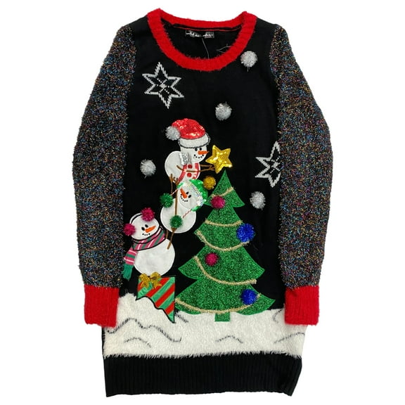 Womens Black Sequin Embellished Pom Snowman Christmas Holiday Sweater X-Large