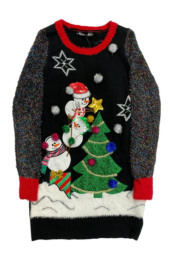 Womens Black Sequin Embellished Pom Snowman Christmas Holiday Sweater X-Small