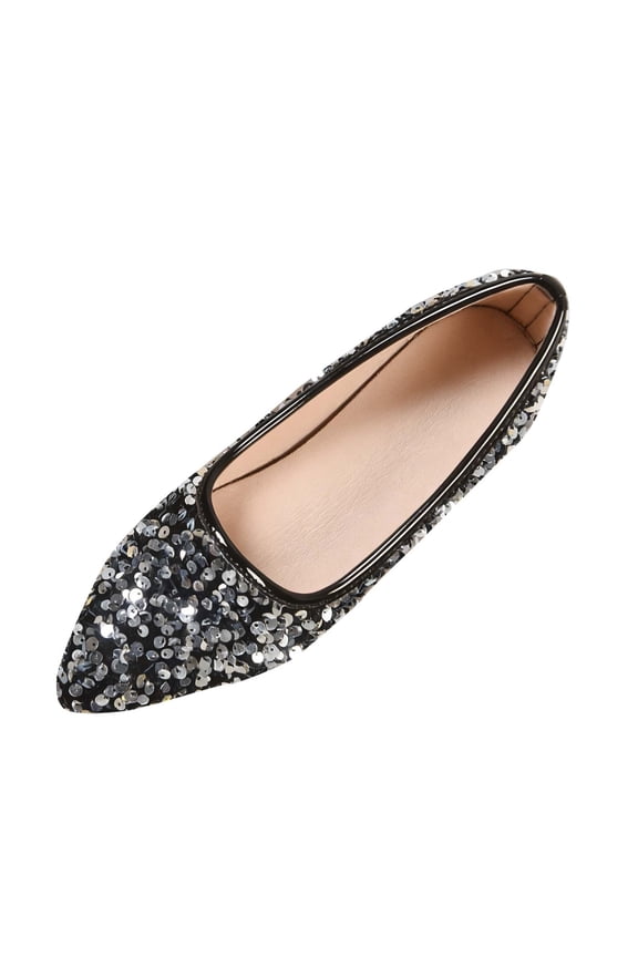 Womens Black Sequin Pointed Toe Ballet Flats - Sparkly Party Evening Shoes, Comfortable Slip-On Dressy Flat Shoes,Size 6