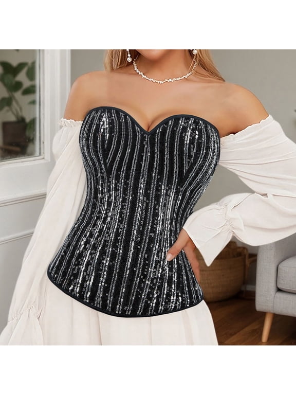 Womens Black Sequin Strapless Corset Top Bust Support Royal Shaper Elegant Party Shapewear Black L