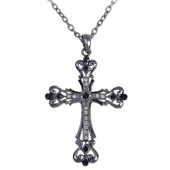 Womens Black Silver Clear Crystal Rhinestones Celtic Holy Cross Pendant Necklace, Black