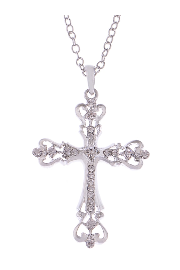 Womens Black Silver Clear Crystal Rhinestones Celtic Holy Cross Pendant Necklace, Silver