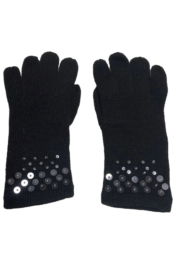 Womens Black Silver Sequin Knit Gloves