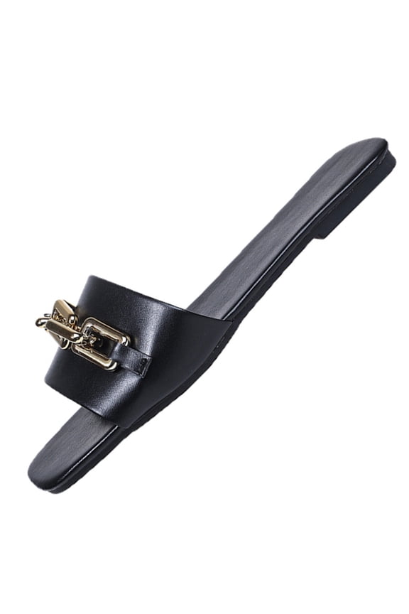 Womens Black Slide Sandals Flat Square Toe Minimalist with Gold Buckle Casual Comfortable Summer Sandals for Women,Size 8.5